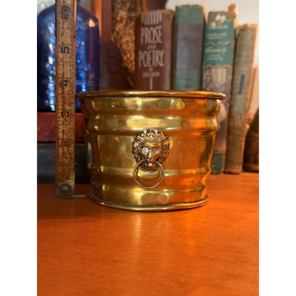 Vintage Solid Brass Lion Head Planter Pot Hollywood Regency Drop Ring Handles